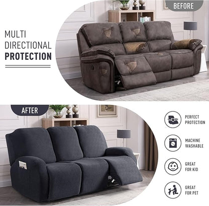 KinCam Recliner Covers, Stretch Reclining Chair Covers, Recliner Sofa Slipcovers Stripe Jacquard Recliner Couch Covers Furniture Protector Covers for Pet Kid (3 Seater, Charcoal Gray)