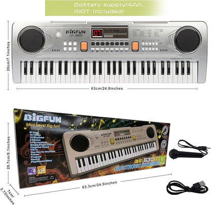 Raimy Piano Keyboard for Beginners, 61 Keys Portable Electronic Digital Piano with Microphone, Learning Educational Music Keyboard Piano for Kids Gifts Toys for Boys Girls Toddlers (Silver)
