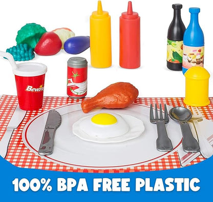 120 PCS Pretend Play Food Toys for Kids Play Kitchen - BPA-Free Mini Kitchen Accessories and Plastic Fake Food Toys with Veggies, Fruits, Pizza - Imaginative Play Set for Toddlers, Boys, Girls