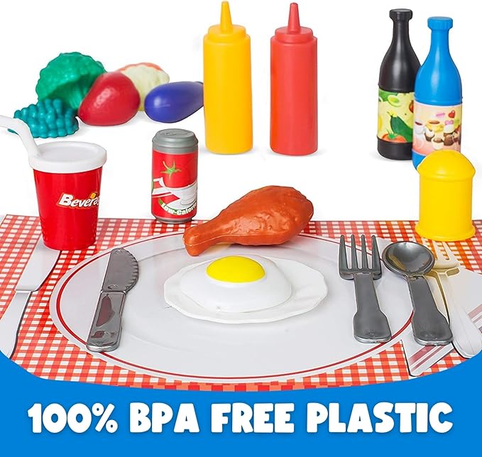 120 PCS Pretend Play Food Toys for Kids Play Kitchen - BPA-Free Mini Kitchen Accessories and Plastic Fake Food Toys with Veggies, Fruits, Pizza - Imaginative Play Set for Toddlers, Boys, Girls