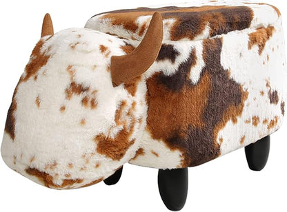 GIA Ottoman with Storage, Foot Stand and Wooden Legs, Shorthorn Dairy Cow, Brown and White