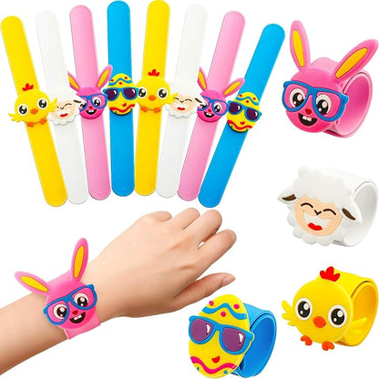 12 Pieces Easter Slap Bracelets Cartoon Easter Egg Chick Rabbit Slap Bands Cute Silicone Snap Bracelets for Kids Adults Gifts Party Favors