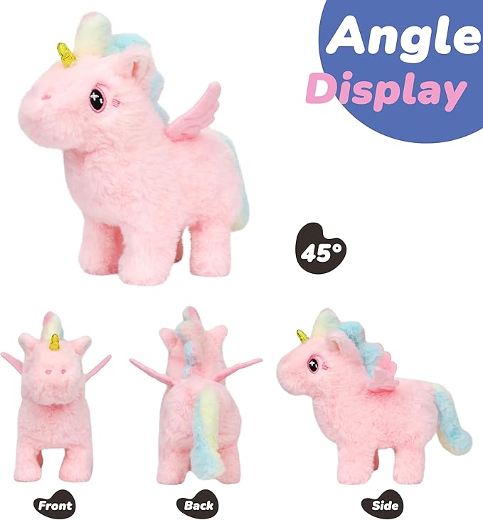 Hopearl Walking Unicorn with Glowing Horn Interactive Electronic Pet Plush Unicorn Toy with Sounds and Movements Animated Gift for Toddlers Birthday, Pink, 7''