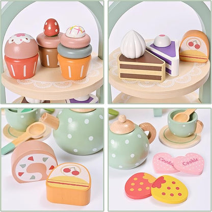 27pcs Wooden Tea Set for Little Girls, Toddler Tea Set Wooden Toys Play Kitchen Accessories with Cupcake Stand, Kids Tea Party Set Pretend Play Food Birthday Gift Playset