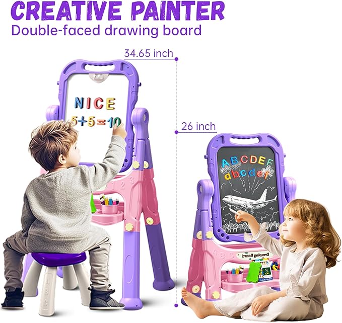 Art Easel for Kids with Magnetic Drawing Board, Double Sided Easel with Magnetic Letters & Numbers Easel, Adjustable Standing Easel for Toddler, Creative Play for Kids