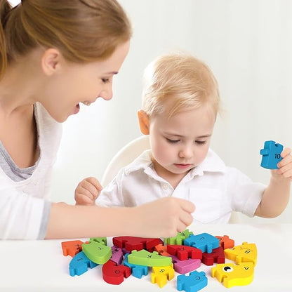 LovesTown Goldfish Wooden Puzzle, 26PCS Jigsaw Puzzle Alphabet and Number Building Blocks for Kids Toddler Preschool