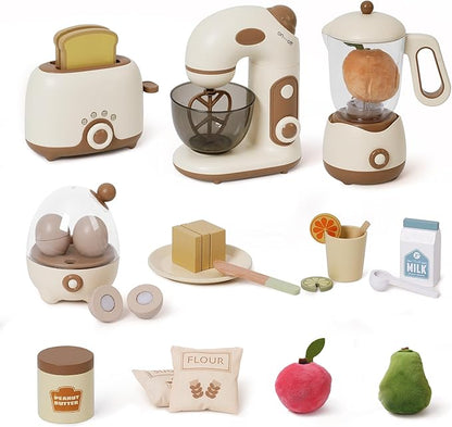 ROBOTIME Kids Toy Kitchen Set - Wooden Play Kitchen Appliances with Toaster, Mixer, Blender with Realistic Sounds, Play Kitchen Accessories Toy Food Set for Kids - Kitchen Playset for Toddlers(4-Set)