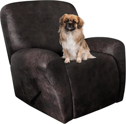Leather Like Recliner Chair Covers Heavy Duty, 4 Pieces Lazy Boy Recliner Cover for Recliner Chair, Leather Cover for Recliner slipcovers Washable for Pets (Black Chocolate)