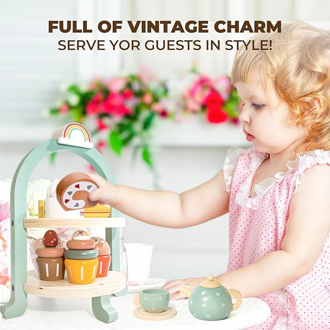 Tea Party Set for Little Girls with Cupcake Stand, Wooden Tea Set Toys for Girls Age 3 4 5 6 7 Year Old, Toddler Kids Kitchen Pretend Play Toys for Girls
