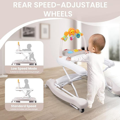 Boyro Baby Baby Walker, 5-in-1 Baby Walkers for Boys and Girls 6-12 Months with Bouncer, Removable Footrest, Feeding Tray & Music, Foldable & Adjustable Activity Walker for 6-18 Months Toddler Infant
