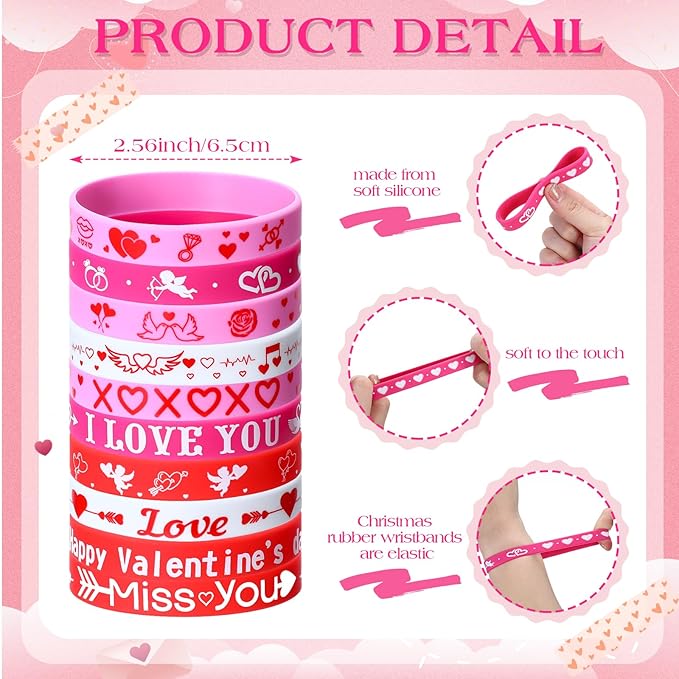 300 Pieces Valentines Day Wristbands - Silicone Bracelets - Red Pink Love Heart Accessories - Gift for Valentines Day Party Decoration Party Favors School Gifts Supplies