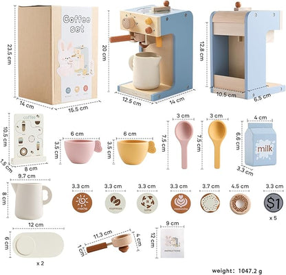 Kids Coffee Maker Playset Wooden Kitchen Toys for Toddlers - 15PCS Toy Coffee Maker Play Kitchen Accessories for Girls & Boys Pretend Play Kids Coffee Maker Toys - Ideal Gift