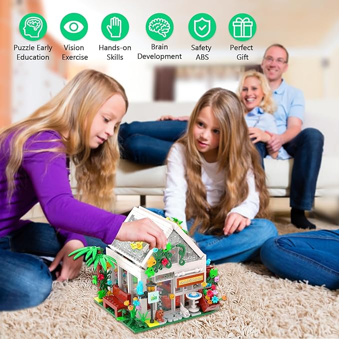 Flower House Building Blocks Set- Mini Garden Greenhouse,Flower Shop Building Kit with LED Lights,Creative Building Playset Toy,Valentines Day Gifts for Adults or Girls 6-12 Years