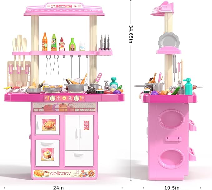 TEMI Kitchen Playset | 2-in-1 Kids Kitchen & Grill Playset, Play Kitchen with 60Pcs Toy Accessories Set, Real Sounds and Light | Pretend Play Set for 3+ Year Old Kids, Girls & Boys