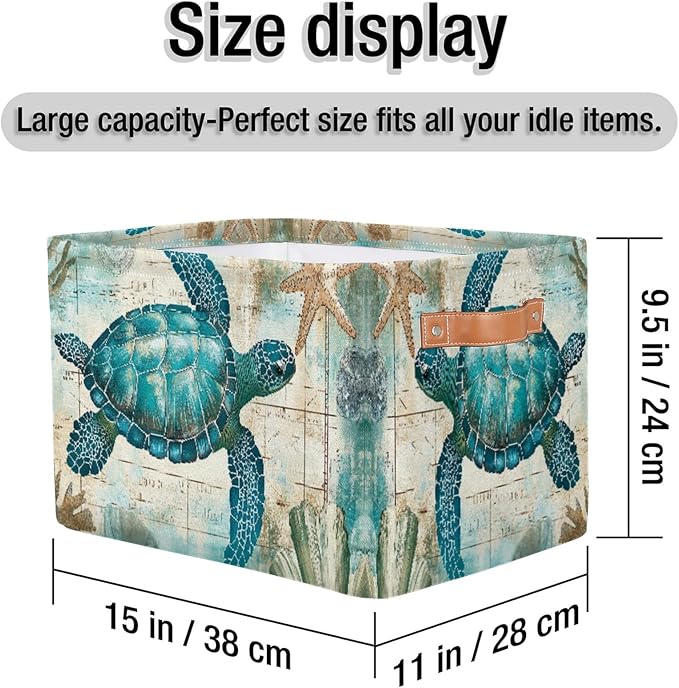 Sea Turtle Retro Map Storage Basket Bin Nautical Ocean Starfish Large Fabric Toys Storage Cube Box with Handles Collapsible Closet Shelf Cloth Organizer Basket for Nursery Bedroom Gift