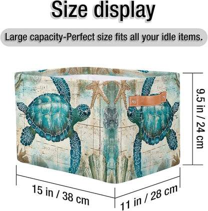 Sea Turtle Retro Map Storage Basket Bin Nautical Ocean Starfish Large Fabric Toys Storage Cube Box with Handles Collapsible Closet Shelf Cloth Organizer Basket for Nursery Bedroom Gift