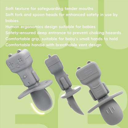 Baby Spoons, 3PCS Silicone Baby Spoons Self Feeding 6+ Months Robot Baby Utensils Baby Led Weaning Spoons with Anti Choke Barrier First Stage Training Toddler Spoons, BPA Free (Yellow)