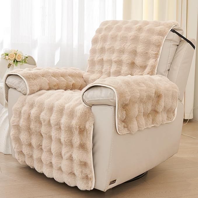 vctops Faux Fur Fluffy Recliner Chair Slipcover Faux Rabbit Fur Non Slip Sofa Cover Super Soft Plush Thick Couch Cover Furniture Protector with Elastic Straps for Kids, Dogs, Pets(Khaki,24")