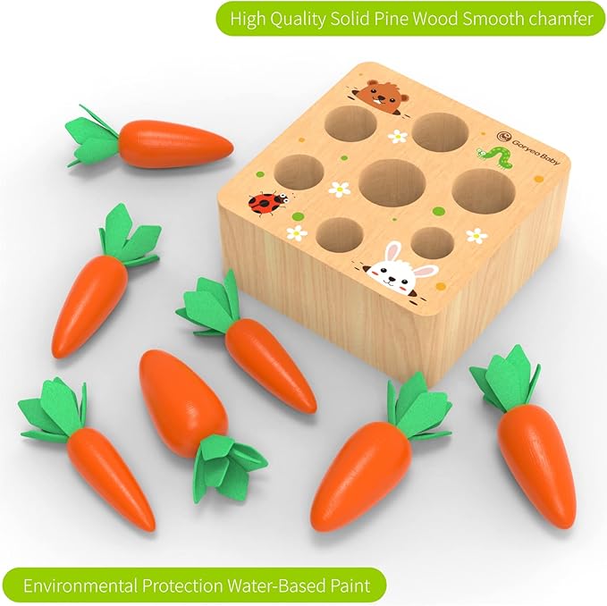 KMTJT Montessori Toys for Babies 6-12 Months, Carrot Harvest Game Wooden Toy for 1 2 3 Year Old Baby Boys and Girls, Educational Learning Shape Sorting Matching Gifts