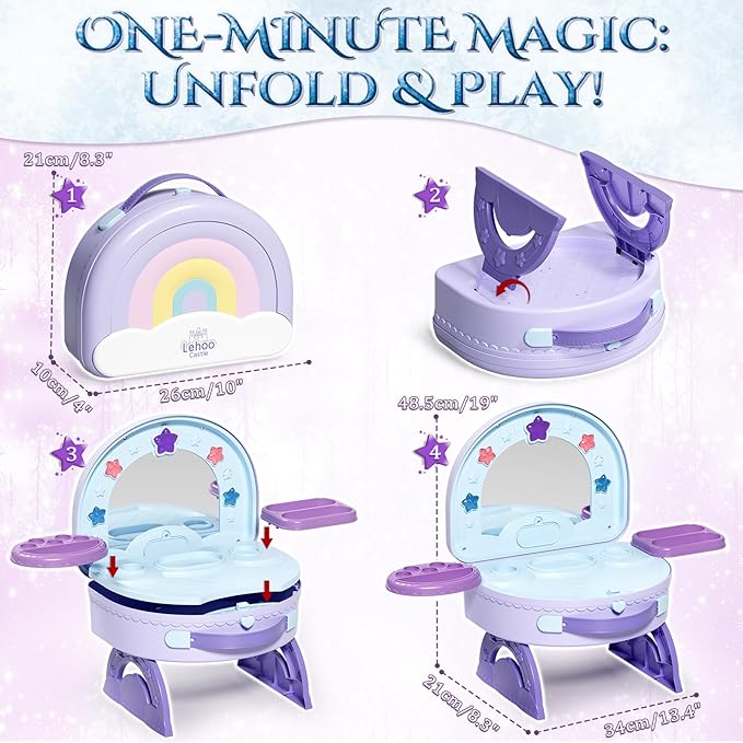 Lehoo Castle Toddler Vanity with Makeup Set, Portable Makeup Vanity for Girls with Lights Music Electric Hairdryer, Pretend Play Princess Toys for Dress Up, Birthday Gifts for 3 4 5 Years Old Girls