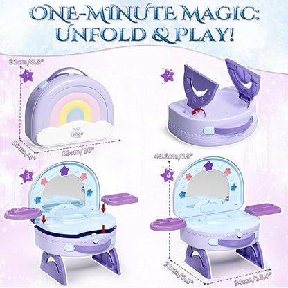Lehoo Castle Toddler Vanity with Makeup Set, Portable Makeup Vanity for Girls with Lights Music Electric Hairdryer, Pretend Play Princess Toys for Dress Up, Birthday Gifts for 3 4 5 Years Old Girls