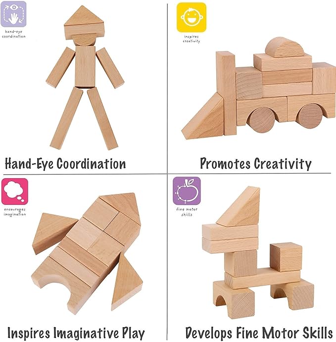 Pidoko Kids Wooden Blocks - 100 Pcs - Building Blocks for Toddlers - Includes Storage Container with Shape Sorter Lid - Natural Beech Wood Blocks - Preschool Learning Toys Stacking Block
