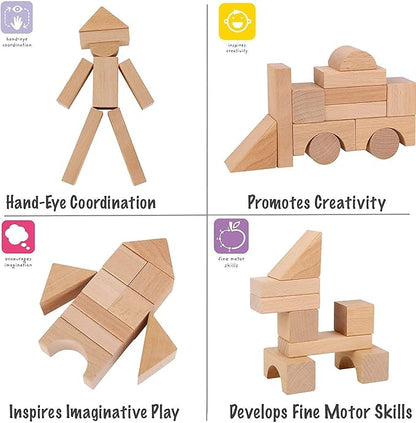 Pidoko Kids Wooden Blocks - 100 Pcs - Building Blocks for Toddlers - Includes Storage Container with Shape Sorter Lid - Natural Beech Wood Blocks - Preschool Learning Toys Stacking Block