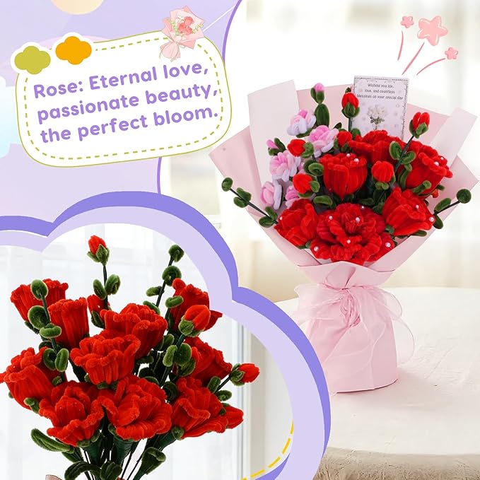 900 PCS Pipe Cleaners Craft, Pipe Cleaner Bulk Flower Kit 14 Colors Chenille Stems Flower Making Kit with Greeting Card, Floral Wires, Tape, Stamen, Floral Wrapping Paper & Ribbon for Art DIY Flowers