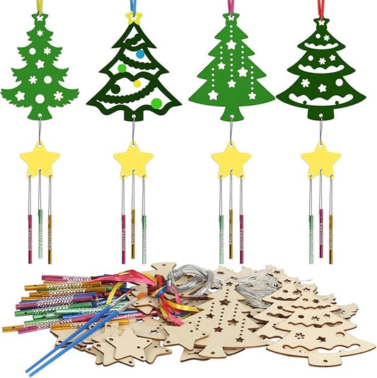 12 Pack Wind Chime Kit for Kids,Christmas Craft Kits DIY Christmas Tree Wind Chime Unfinished Wooden Xmas Tree Ornaments for Boys Girls Activity Art Project Decor