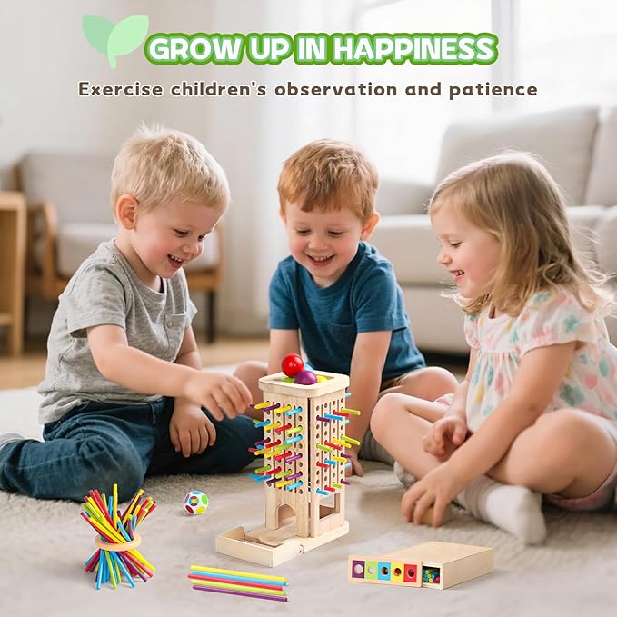Montessori Toys for 3 Year Old Fine Motor Skills Toys for 5 Year Old Wooden Board Game Operation Games Educational Toys with Colorful Sticks, Dice & Stones, Family Game Gifts for Age 4 5 6 Boys Girls