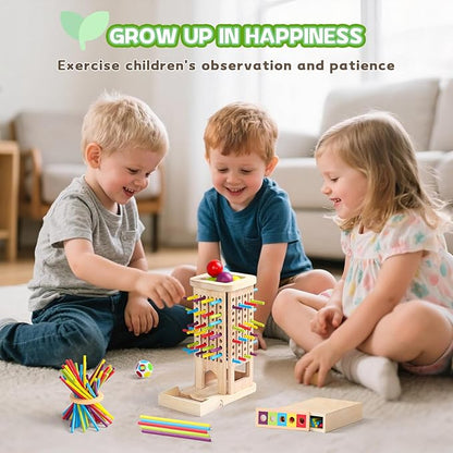 Montessori Toys for 3 Year Old Fine Motor Skills Toys for 5 Year Old Wooden Board Game Operation Games Educational Toys with Colorful Sticks, Dice & Stones, Family Game Gifts for Age 4 5 6 Boys Girls