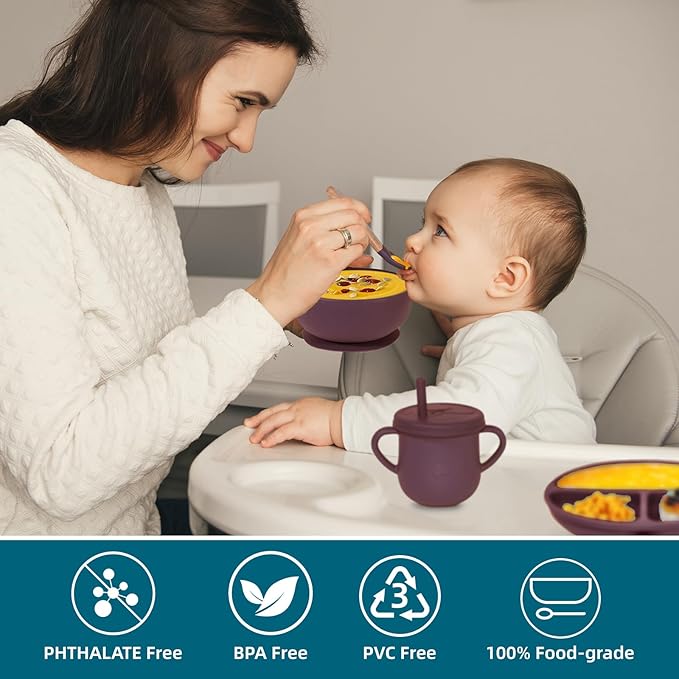 100% Silicone Baby Feeding Set,BPA Free Baby Dishes Set with Suction Bowl Divided Plate,Toddler Self Feeding Dish Set with Spoons Forks Sippy Cup and Bib, Baby Eating Utensils(Dark Red)