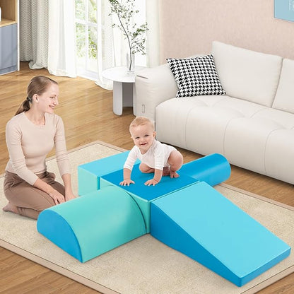 HONEY JOY 5-Piece Climb and Crawl Playset, Soft Climbing Foam Block Activity Play Structure Gym Equipment for Infant Baby, Color Coordination, Waterproof Indoor Climbing Toys for Toddlers (Blue)
