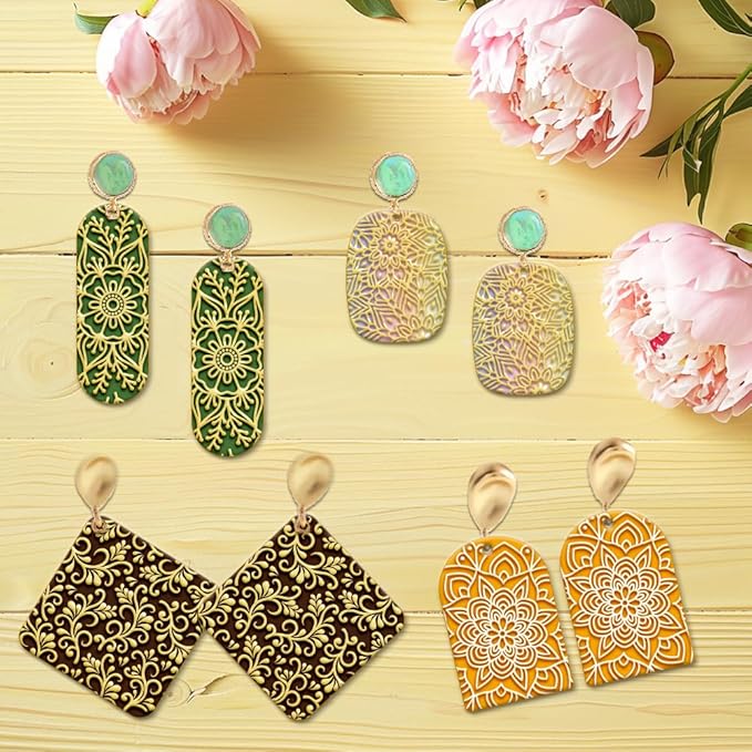 4PCS Polymer Clay Texture Sheets Set for Using with Clay Cutters Boho Clay Mat Effect as Texture Roller DIY Craft Tools Earing Jewelry Making