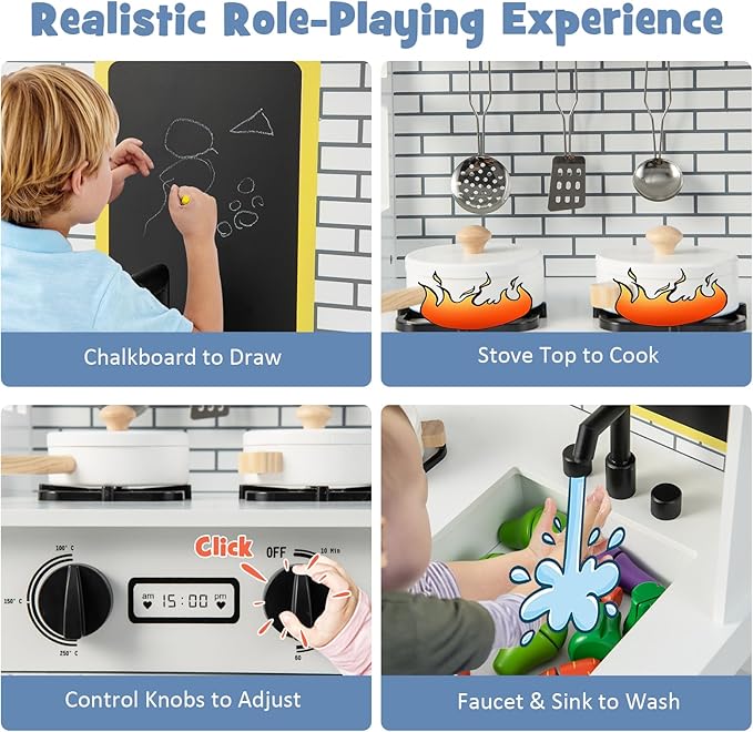 HONEY JOY Kids Kitchen Playset, Farmhouse Pretend Play Toddler Kitchen Set for Kids w/Chalkboard, Marble Backdrop, Window, Storage Shelf, Wooden Play Kitchen for Toddlers, Gift for Boys Girls, White