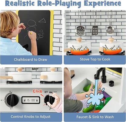 HONEY JOY Kids Kitchen Playset, Farmhouse Pretend Play Toddler Kitchen Set for Kids w/Chalkboard, Marble Backdrop, Window, Storage Shelf, Wooden Play Kitchen for Toddlers, Gift for Boys Girls, White