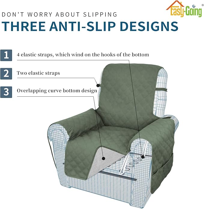 Easy-Going Sofa Slipcover Waterproof Oversized Recliner Chair Cover Non-Slip Fabric Couch Cover for Living Room Washable Furniture Protector for Pets Kids Dog (Oversized Recliner, Greyish Green), 28"