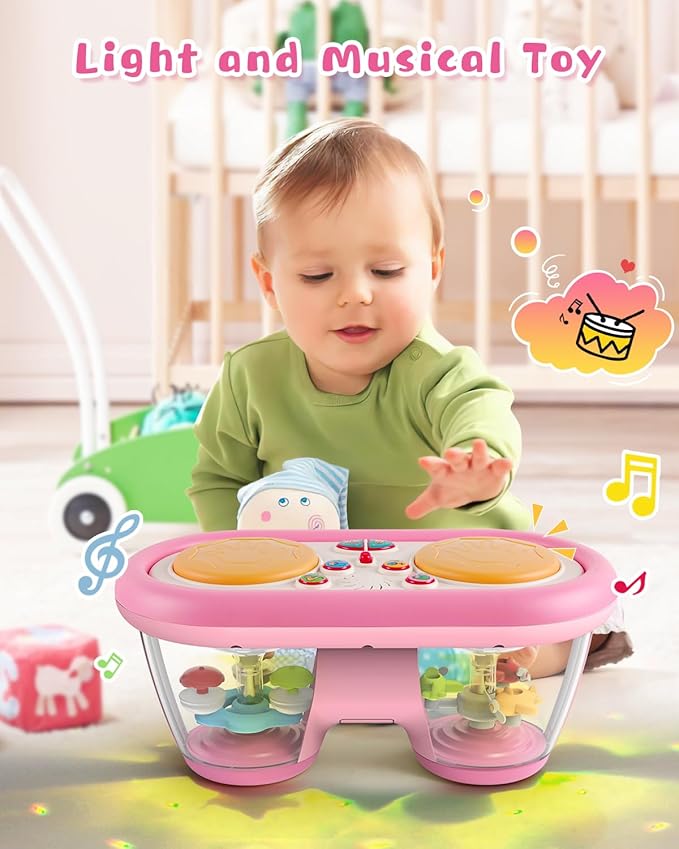 Baby Toys for 6 to 12 Months: 7 Models Pink Rotating Light Up Drum Musical Instruments for 12-18 Months Kids, Tummy Time Toys for Baby 0-3-6-9 Months, Walker for Boy Girl Gifts