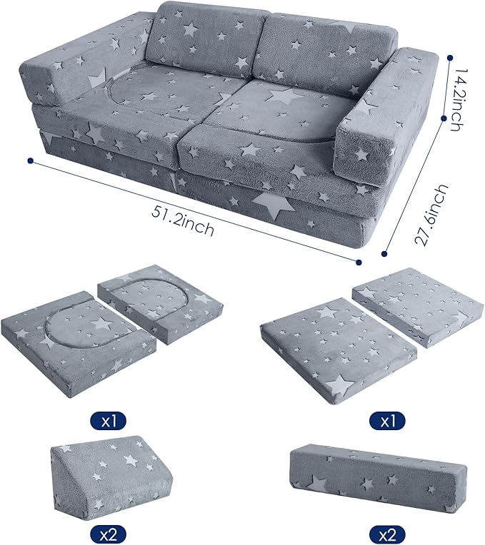 MeMoreCool Kids Couch, 10 Piece Modular Play Couch for Playroom, Fold Out Glow Star Toddler Bed, Foam Building Sofa for Boys and Girls