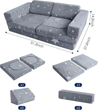 MeMoreCool Kids Couch, 10 Piece Modular Play Couch for Playroom, Fold Out Glow Star Toddler Bed, Foam Building Sofa for Boys and Girls