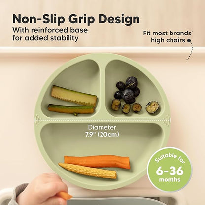 KeaBabies Suction Plates for Baby, Toddler - 3-Pack 100% Silicone Toddler Plates, Divided Baby Plates with Suction, Silicone Plates for Baby, Kids, BPA-Free, Microwave, Dishwasher Safe (Forest)