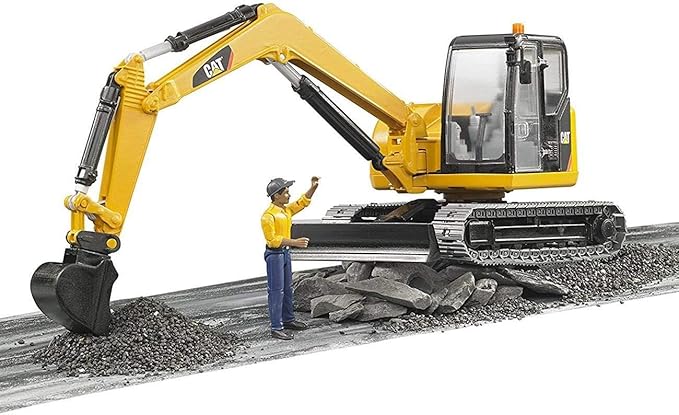 Bruder CAT Mini Excavator Construction Digger Toy with Worker, 1:16 Scale, Realistic Working Parts