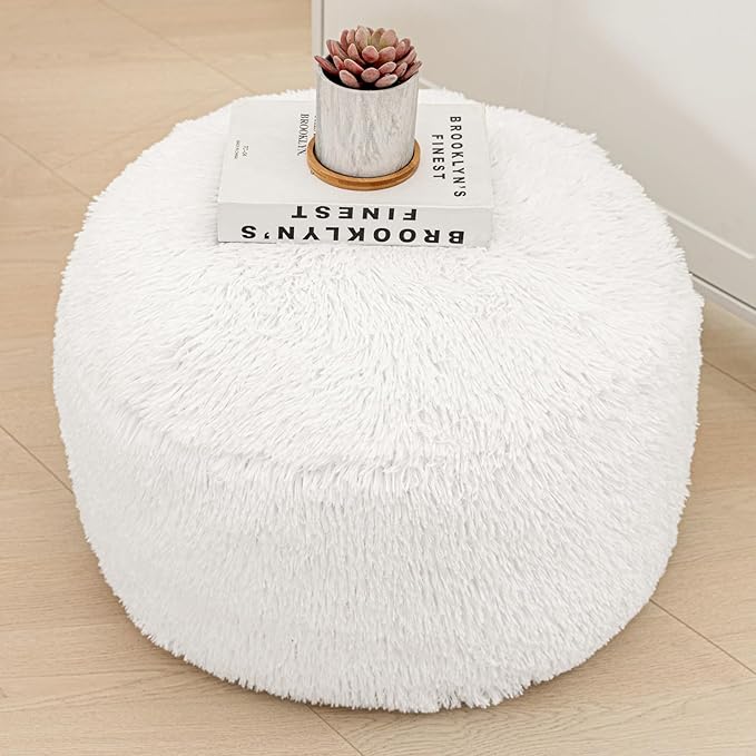 Round Pouf Ottoman Stuffed Pouf Ottoman Foot Rest Floor Foot Stool Floor Pouf for Living Room Bedroom Foot Rest for Couch 20 Inx12 Inch One Piece High Resiliency Foam Ottoman White Pouf with Filler