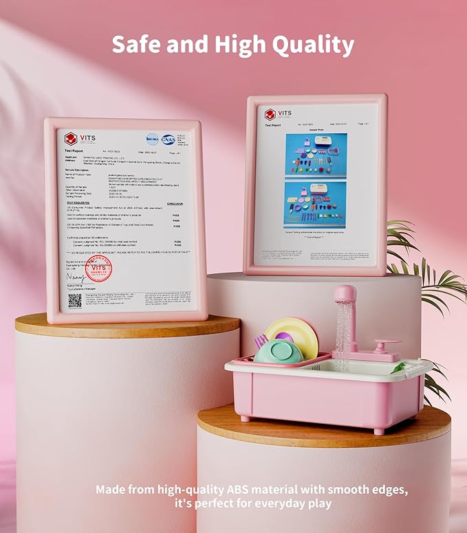 Geyiie Kids Sink with Running Water, Toddler Kitchen Sink Toy with Real Faucet, Chopping Foods, Play Dishes and Dish Rack, 30Pcs Pretend Dishwasher Toys Accessories, Learning Gift for Girls Boys