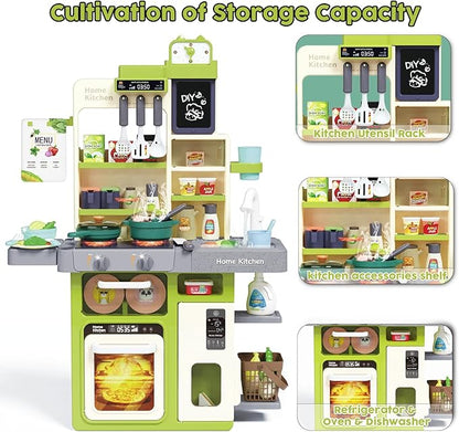 Kids Kitchen Playset, Pretend Kitchen Toys for Toddlers with 63 Pcs Toy Kitchen Accessories, Realistic Lights & Sounds, Spray, Play Sink, and Play Food - Kitchen Set for Girls Boys Aged 3 4 5+ (Green)