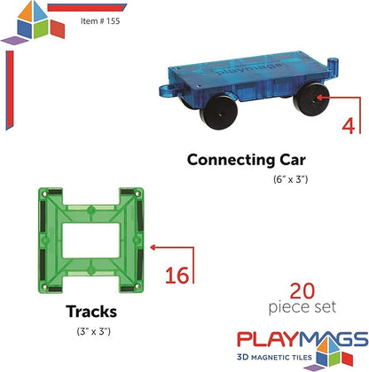 Playmags Magnetic Tiles Train Set, 20 Piece Accessory Set Includes 4 Trains, Stronger Magnets, Building Blocks Add-On, STEM Toys for Kids.