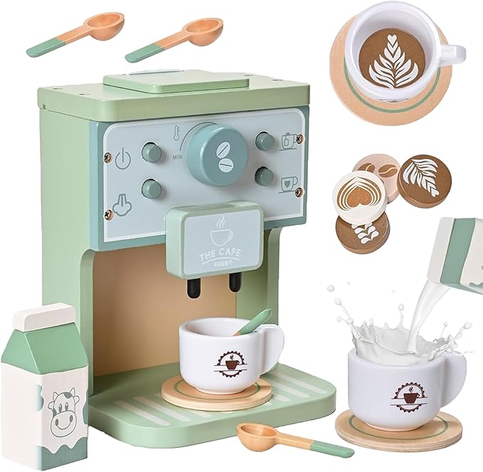Kids Wooden Coffee Maker Toy Montessori Pretend Play Food Kitchen Accessories,Play Coffee Maker Set for Kids,Espresso Machine Playset Montessori Kitchen Toy for 3 4 5 Year Old Girls&Boys(14 Pcs)