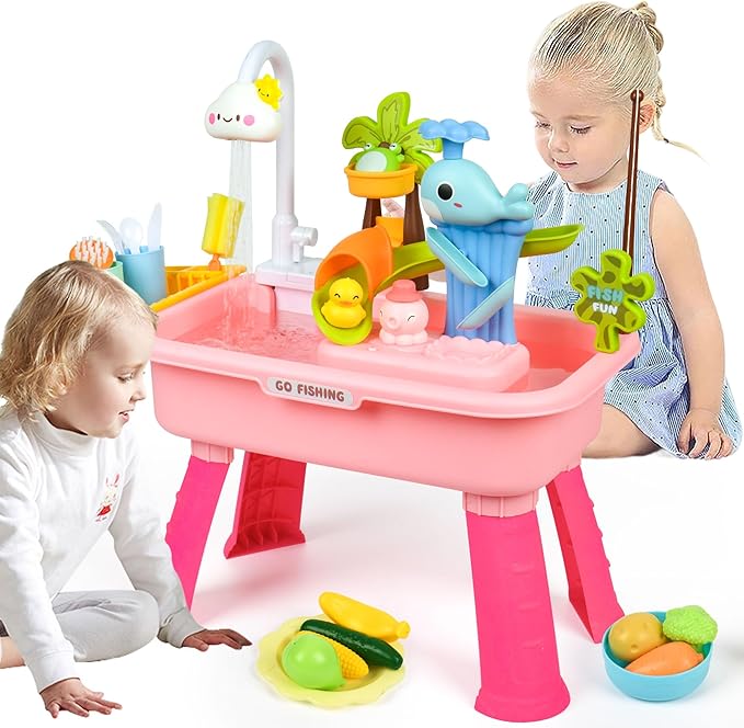 Upgraded Toddler Sand Water Table Toy with Electric Water Pump, for Toddlers 1-3 Kids Sand Water with Faucet/Play Food Accessories/Fishing Toy, Kitchen Play Sink Toys for Girl Boy