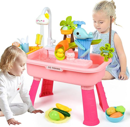 Upgraded Toddler Sand Water Table Toy with Electric Water Pump, for Toddlers 1-3 Kids Sand Water with Faucet/Play Food Accessories/Fishing Toy, Kitchen Play Sink Toys for Girl Boy