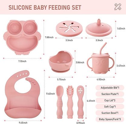 Baby Weaning Set, Silicone Baby Feeding Set(10 Pcs), Toddler Weaning Set with Adjustable Bib, Suction Bowl, Plate, Fork, Spoon, Water & Snack Cup Kit, Baby Led Weaning Kit for Babies and Kids